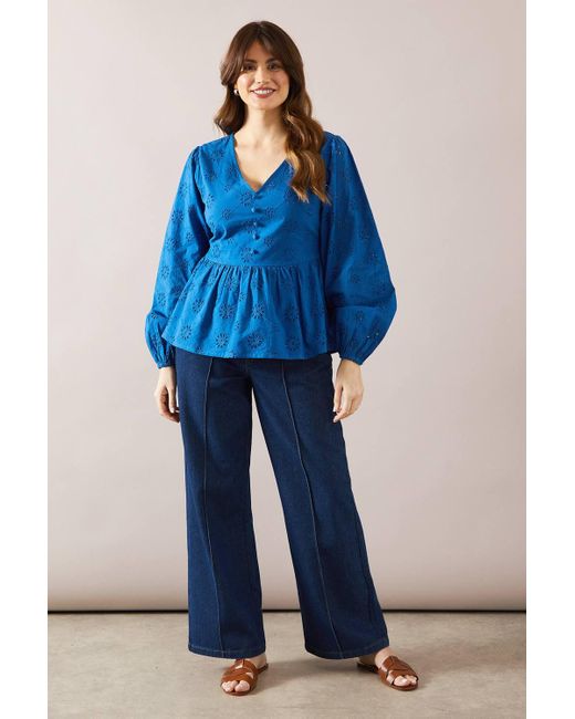 Wallis Blue Broderie Button Peplum Blouse