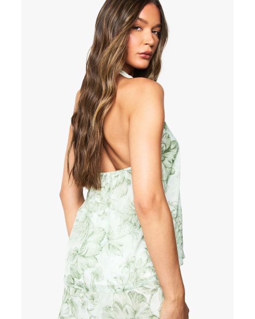 Boohoo Green Floral Chiffon Halter Neck Top