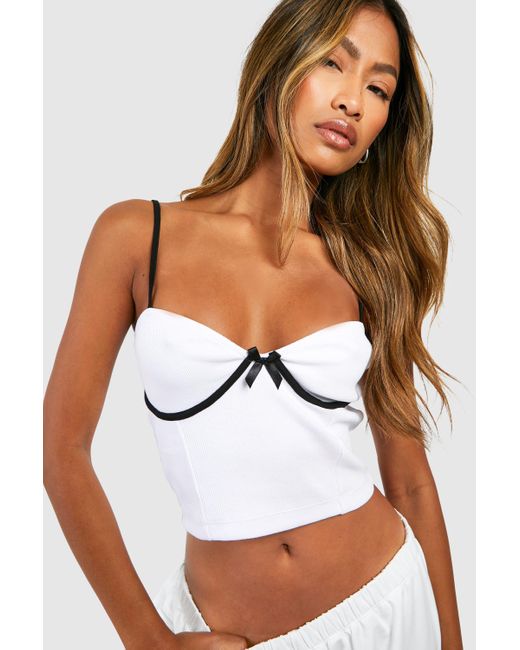 Boohoo White Bow Detail Ribbed Corset Top