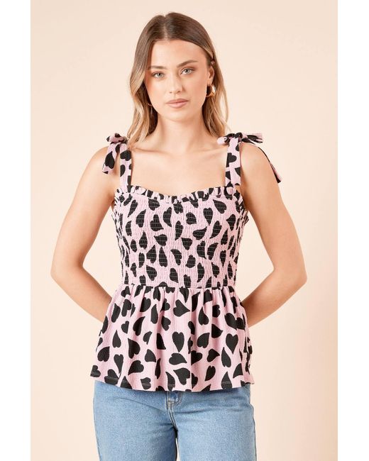 Dorothy Perkins Blue Heart Print Tie Shoulder Shirred Bodice Peplum Jersey Top
