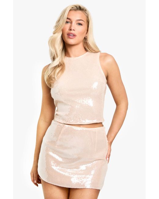 Boohoo White Shimmer Sequin Jean Grazer Vest
