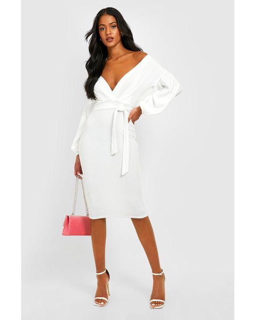 Boohoo Tall Off The Shoulder Wrap Midi Bodycon Dress in White | Lyst