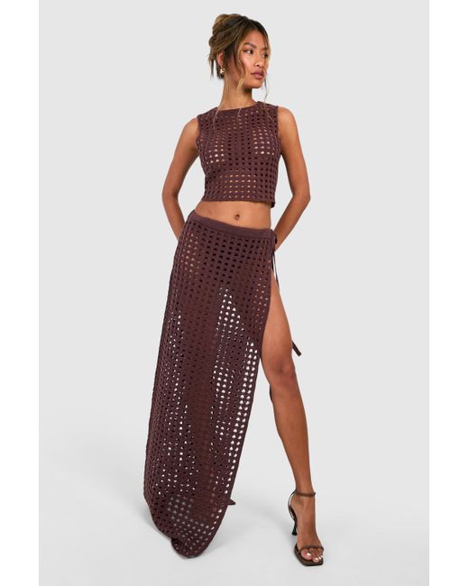 Boohoo Brown Thigh Split Crochet Maxi Skirt