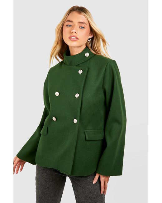 Boohoo Green Button Detail Wool Look Short Coat