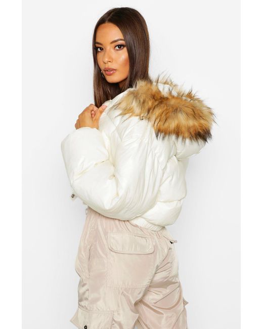 Boohoo Womens Cire Crop Faux Fur Hood Puffer Jacket in White | Lyst