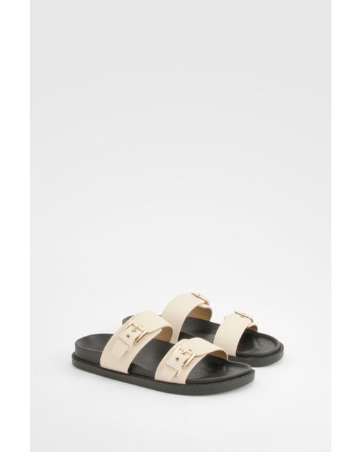 Boohoo White Double Strap Footbed Buckle Sliders