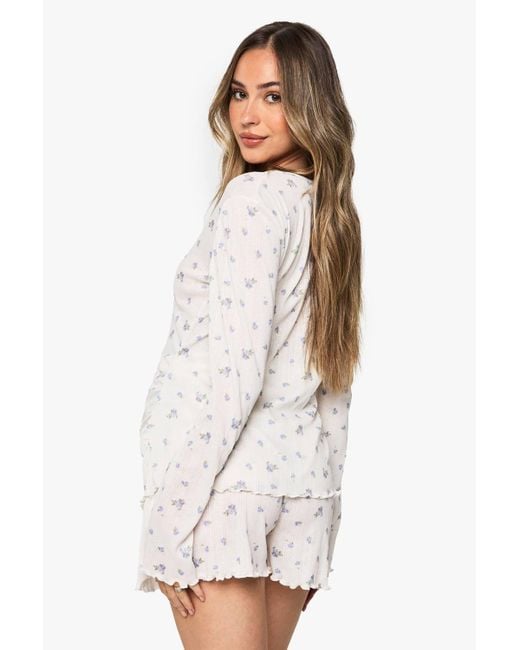 Boohoo White Maternity Ditsy Pointelle Button Top & Short Pj Set