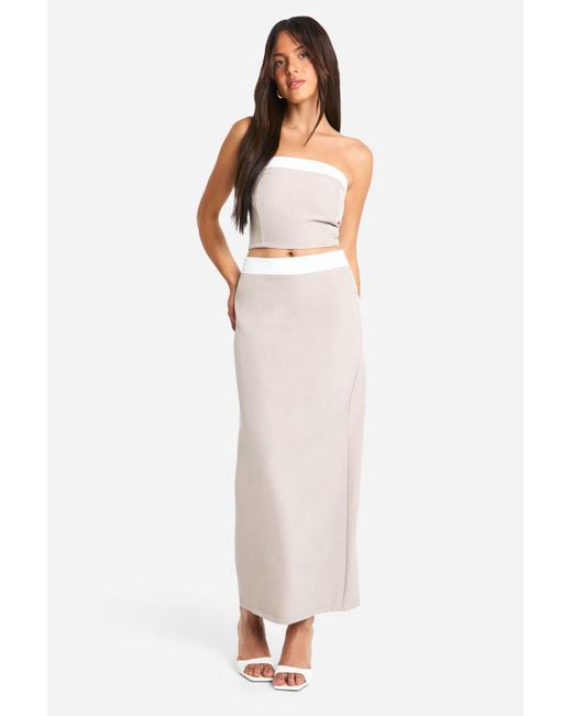Boohoo White Textured Linen Look Contrast Column Maxi Skirt