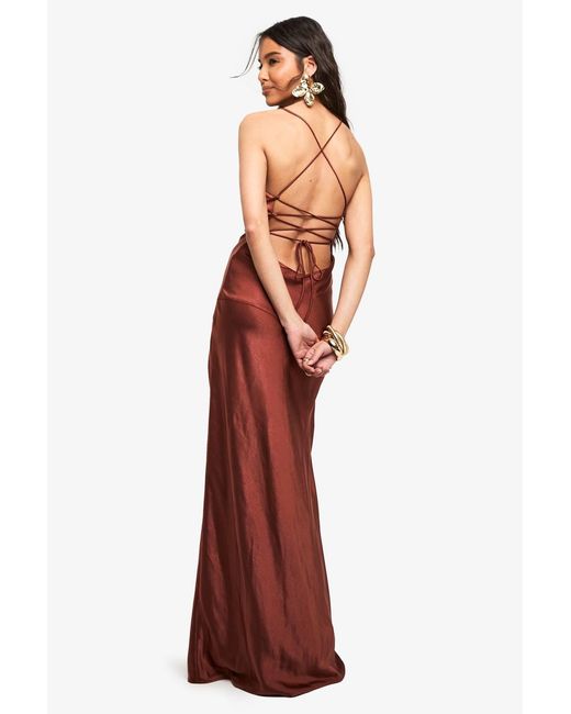 boohoo brown satin dress Cross Back Maxi Slip in Buy Friends Like These Beach cover The dramatic thigh split Color:Cream | Purple | Multi