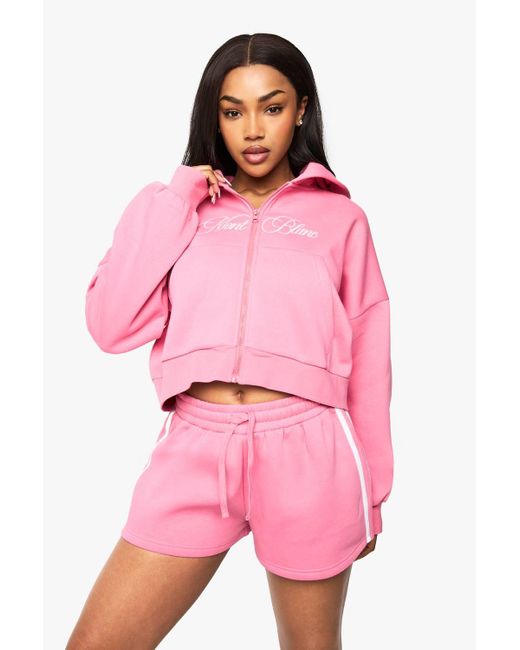 Boohoo Pink Mont Blanc Boxy Zip Through Hooded Short Tracksuit