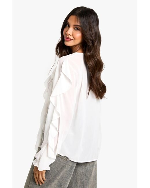 Boohoo White Ruffle Blouse