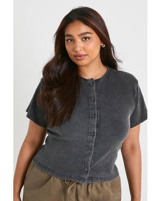 Boohoo Black Plus Acid Wash Rib Button Through Slouchy 3/4 Sleeve Top