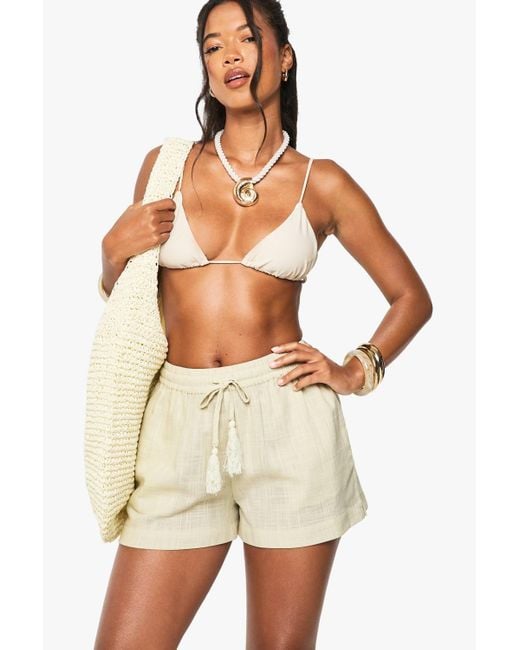 Boohoo White Linen Tassel Beach Shorts
