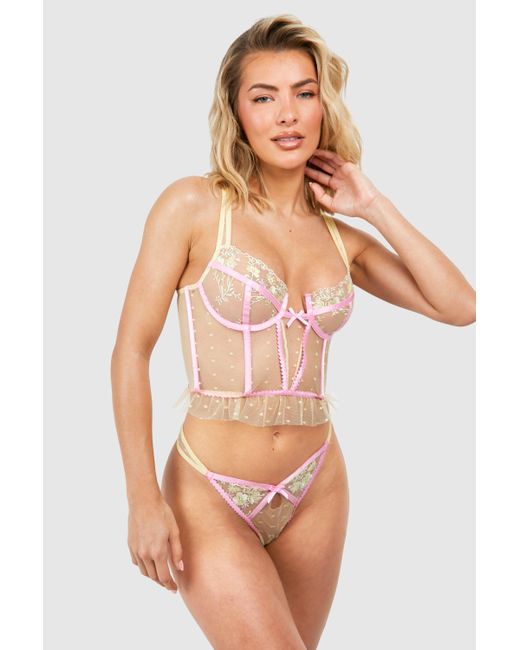 Boohoo Pink Mesh Floral Embroidered Corset