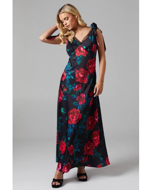 Oasis Black Floral Satin Lace Insert Tie Shoulder Midi Bridesmaid Dress