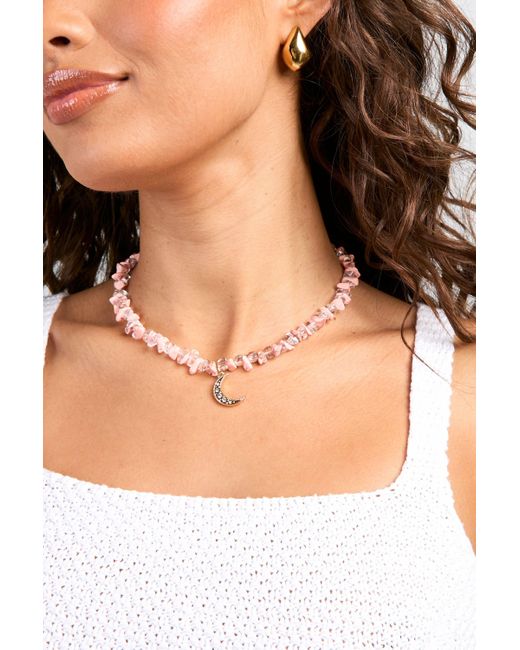 Boohoo Natural Pink Beaded Moon Pendant Necklace