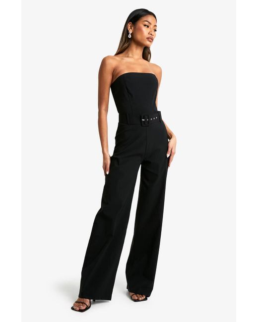 Boohoo Women's Black Belt Trim Bandeau Wide Leg Jumpsuit