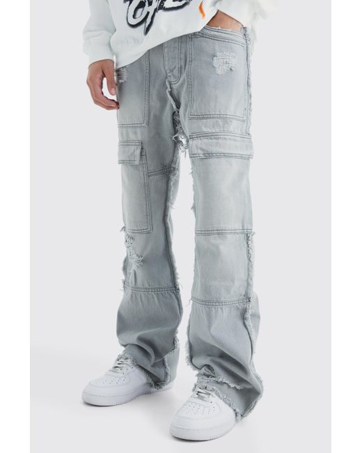 BoohooMAN Gray Relaxed Rigid Flare Frayed Edge Cargo Jeans for men