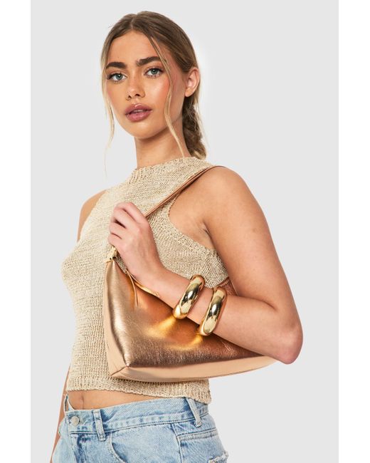Boohoo Gray Metallic Pu Shoulder Bag With Crossbody Strap