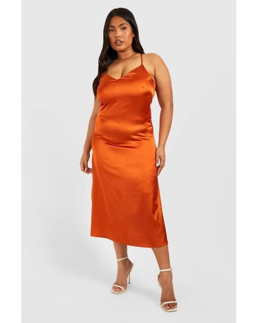 Boohoo Orange Plus Satin V Neck Split Midi Dress