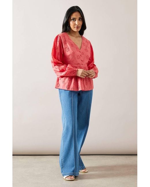 Wallis Red Petite Broderie Button Blouse