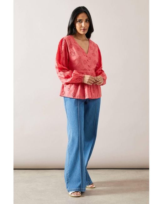 Wallis Red Petite Broderie Button Blouse