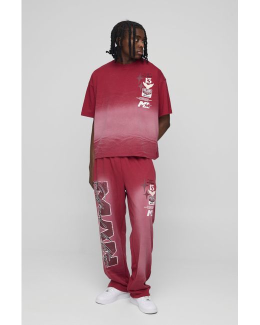 Boohoo Red Oversized Washed T-Shirt & Jogger Long Set