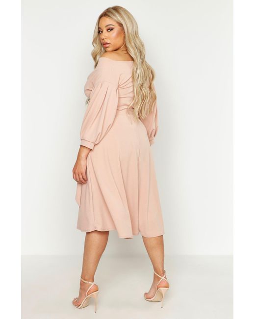 Off Shoulder Wrap Midi Dress in Pink 