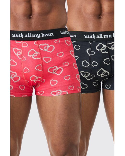 BoohooMAN X2 Pack Printed Heart Boxers in Red für Herren