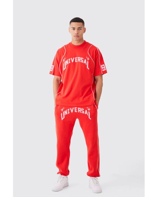 BoohooMAN Oversized Extended Neck Universal Graphic T-shirt And Jogger in Red für Herren