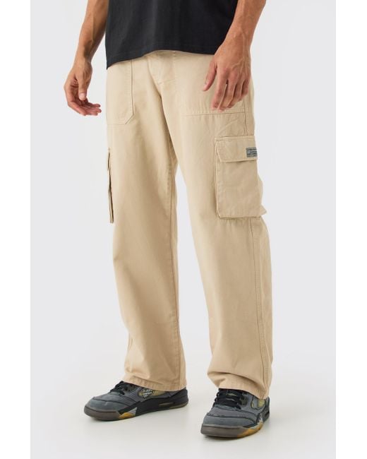 BoohooMAN Natural Fixed Waist Cargo Zip Trouser With Woven Tab for men