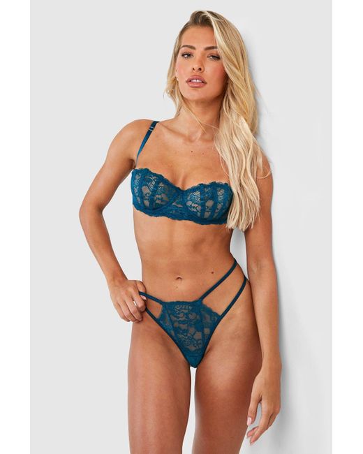 Boohoo Lace Balcony Bra And Thong Set in Blue