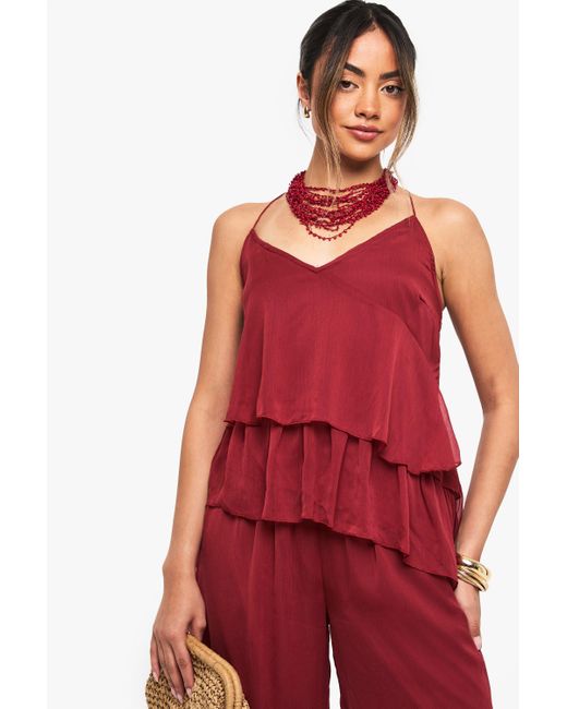 Camisola De Tela Doble De Chifón Fruncido Con Volante Boohoo de color Red