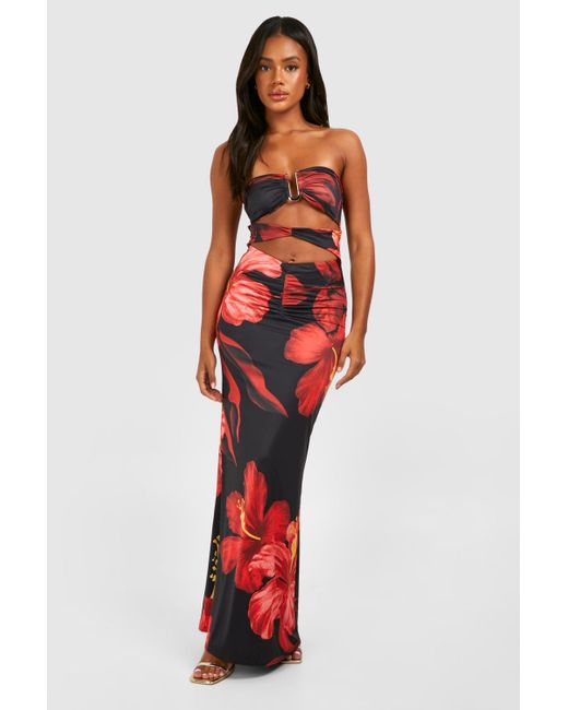 Boohoo Bandeau Gold Trim Cut Out Printed Maxi Dress in Red