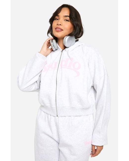 Boohoo White Plus Studio Slogan Boxy Crop Zip Through Hoodie