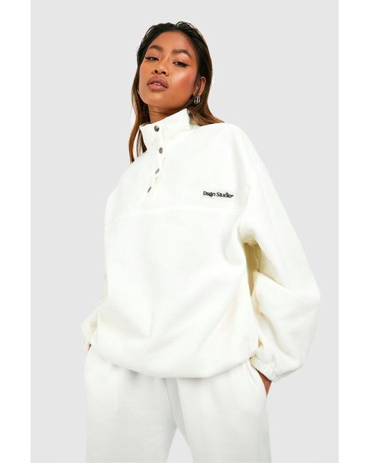 Boohoo White Polar Fleece Pocket Detail Half Zip Oversized Sweatshirt
