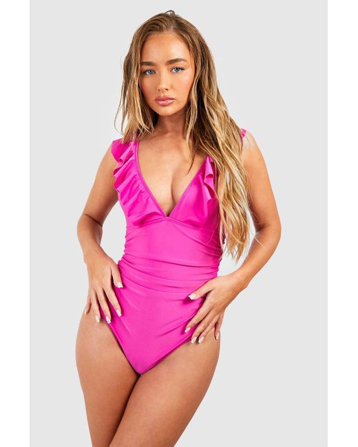 Boohoo Pink Tummy Control Ruffle Front Bathing Suit