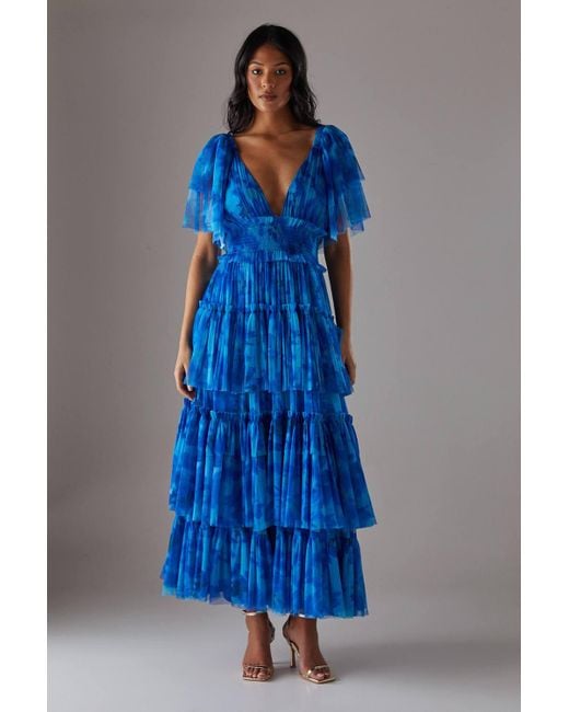 Warehouse Tulle Floral Plunge Neck Flutter Sleeve Tier Maxi Dress in Blue |  Lyst