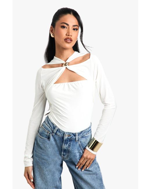 Boohoo White Double Layer Slinky Trim Detail Cut Out One Piece