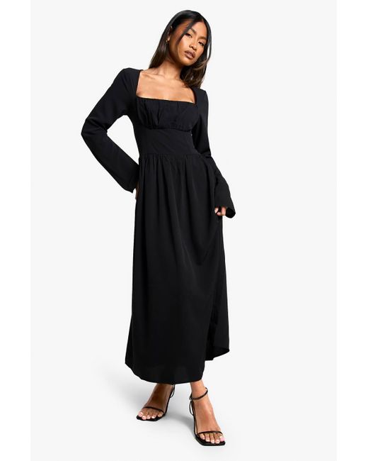 Boohoo Women's Black Textured Long Sleeve Milkmaid Midaxi Dress