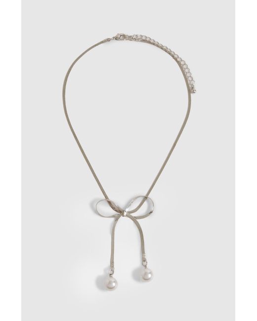 Boohoo Gray Bow Pearl Detail Snake Chain Necklace