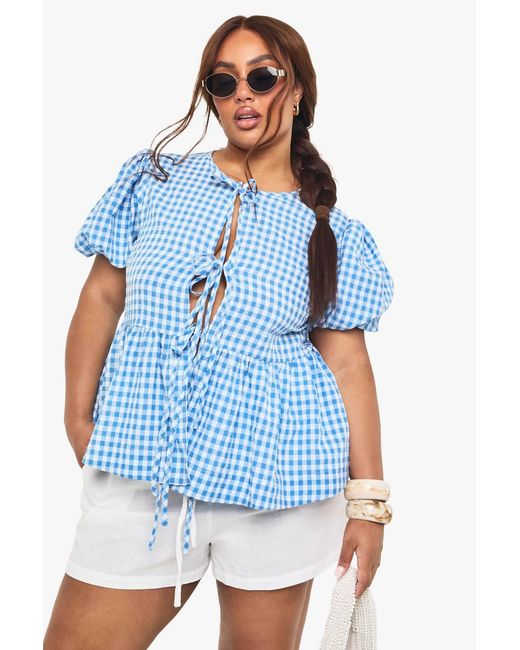 Boohoo Blue Plus Tie Front Gingham Top