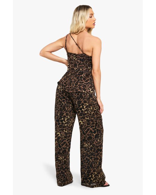 Boohoo Brown Leopard Print Chiffon Wide Leg Jumpsuit