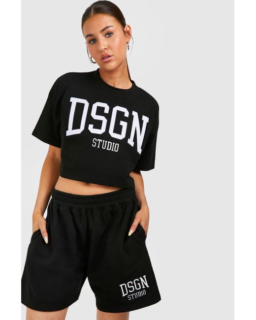 Dsgn Studio Applique Crop T-Shirt And Short Set Boohoo de color Black