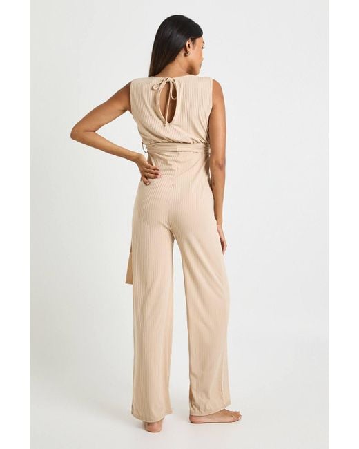 Boohoo Natural Maternity Rib Belted Sleeveless Lounge Jumpsuit