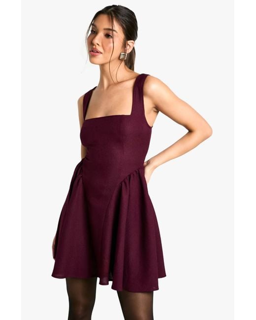 Boohoo Women's Purple Boucle Tailored Pleated Skater Dress
