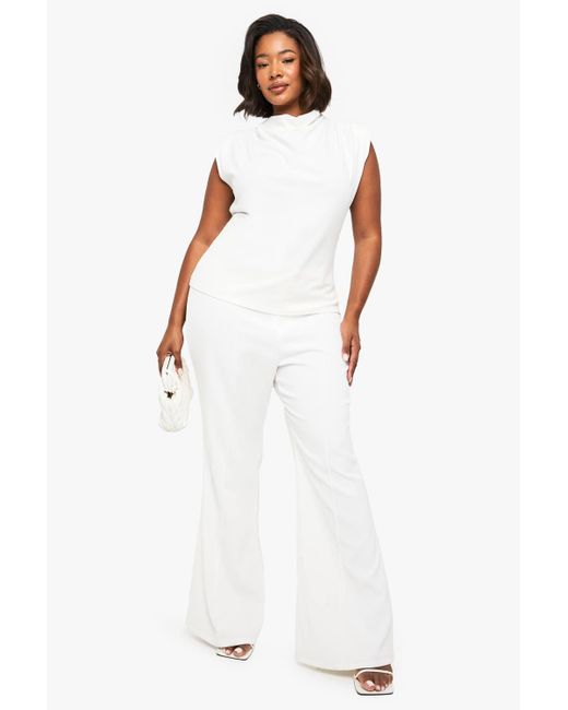 Boohoo White Plus Cowl Neck Crepe Shoulder Pad Blouse