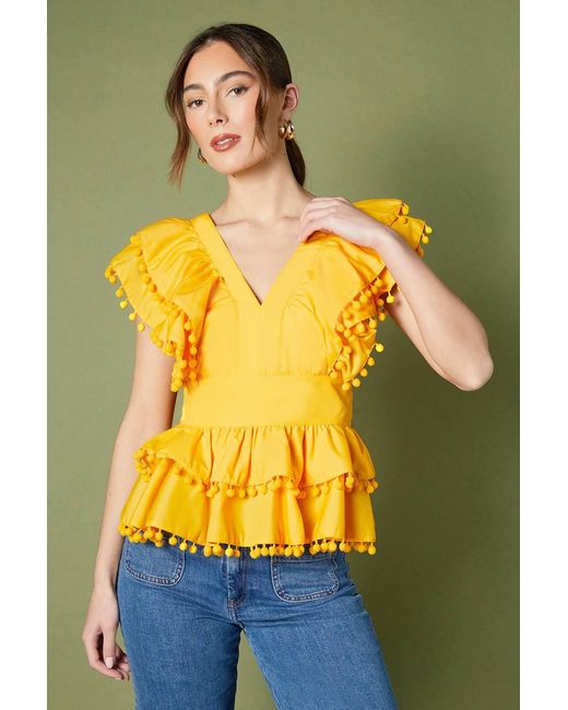 Coast Yellow Pom Pom Trim Top