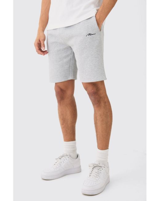 BoohooMAN White Man Signature Loose Fit, Mid Length Shorts for men