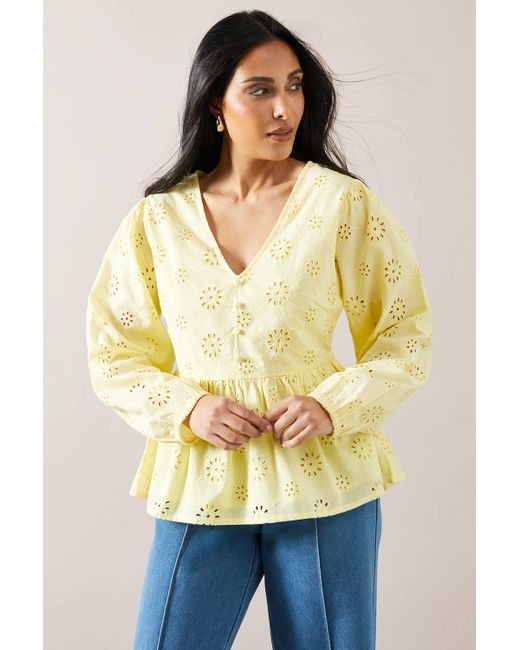 Wallis Yellow Petite Broderie Button Blouse